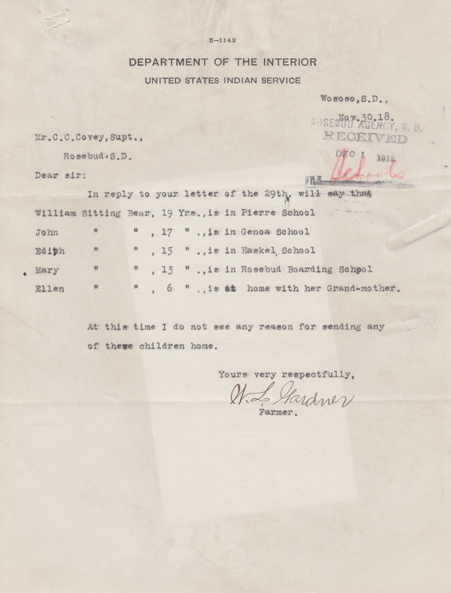 Letter From W L Gardner To C C Covey 30 Nov 1918 Genoa Indian School Digital Reconciliation Project