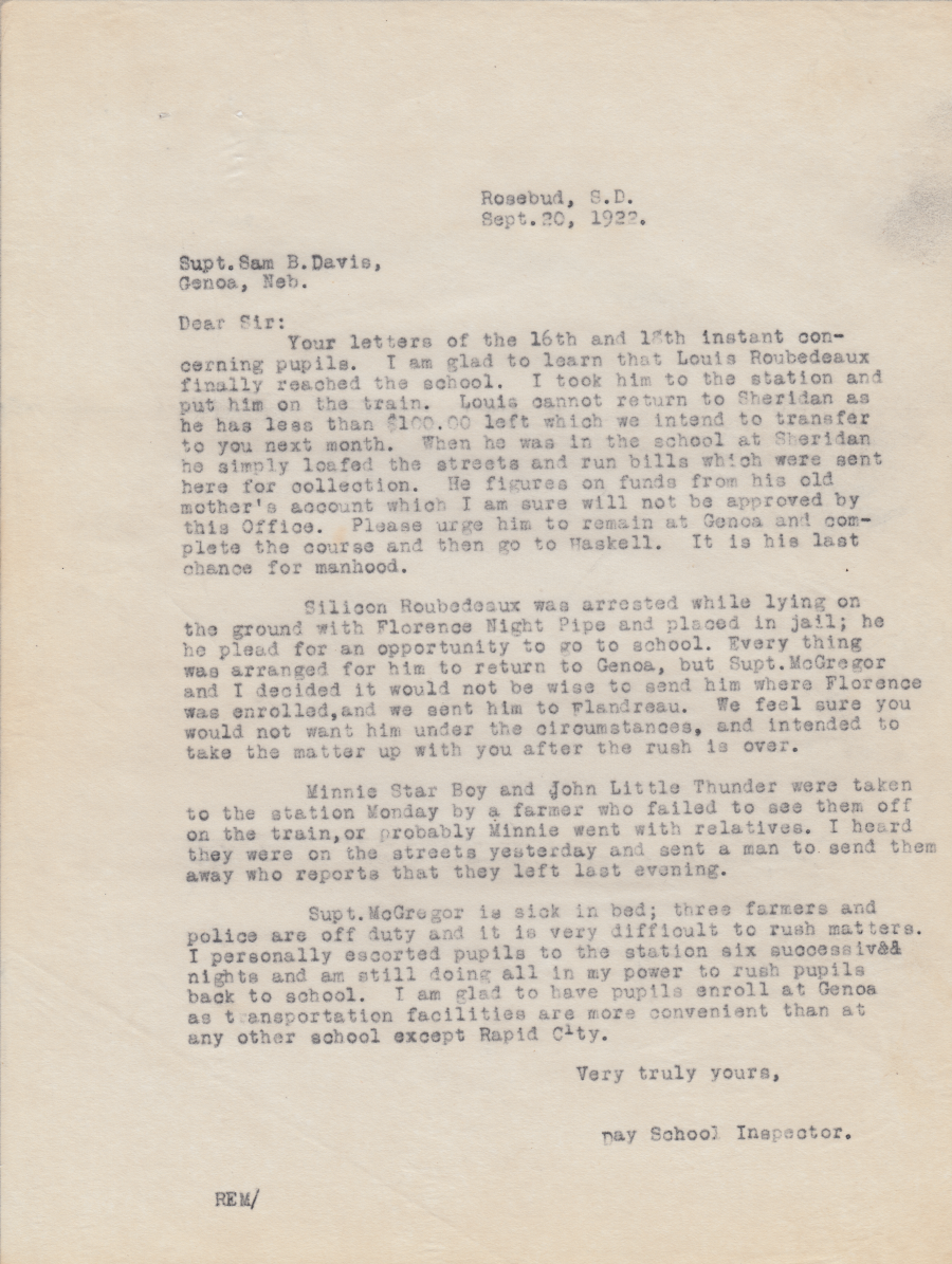 Letter from unknown day school inspector to Sam B. Davis, 20 Sept. 1922 ...