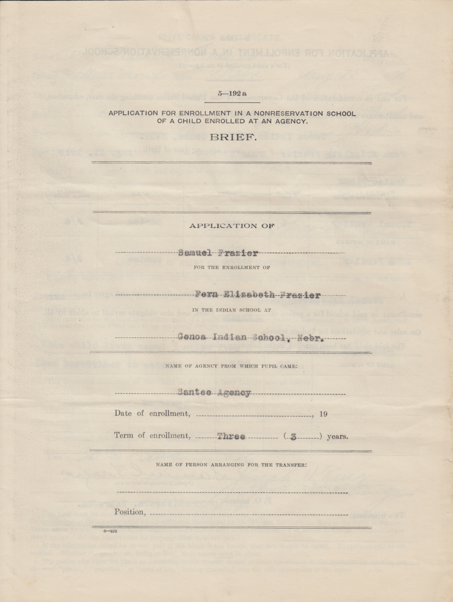 Application for Enrollment at Genoa for Fern Elizabeth Frazier, 30 Aug.  1926 | Genoa Indian School Digital Reconciliation Project